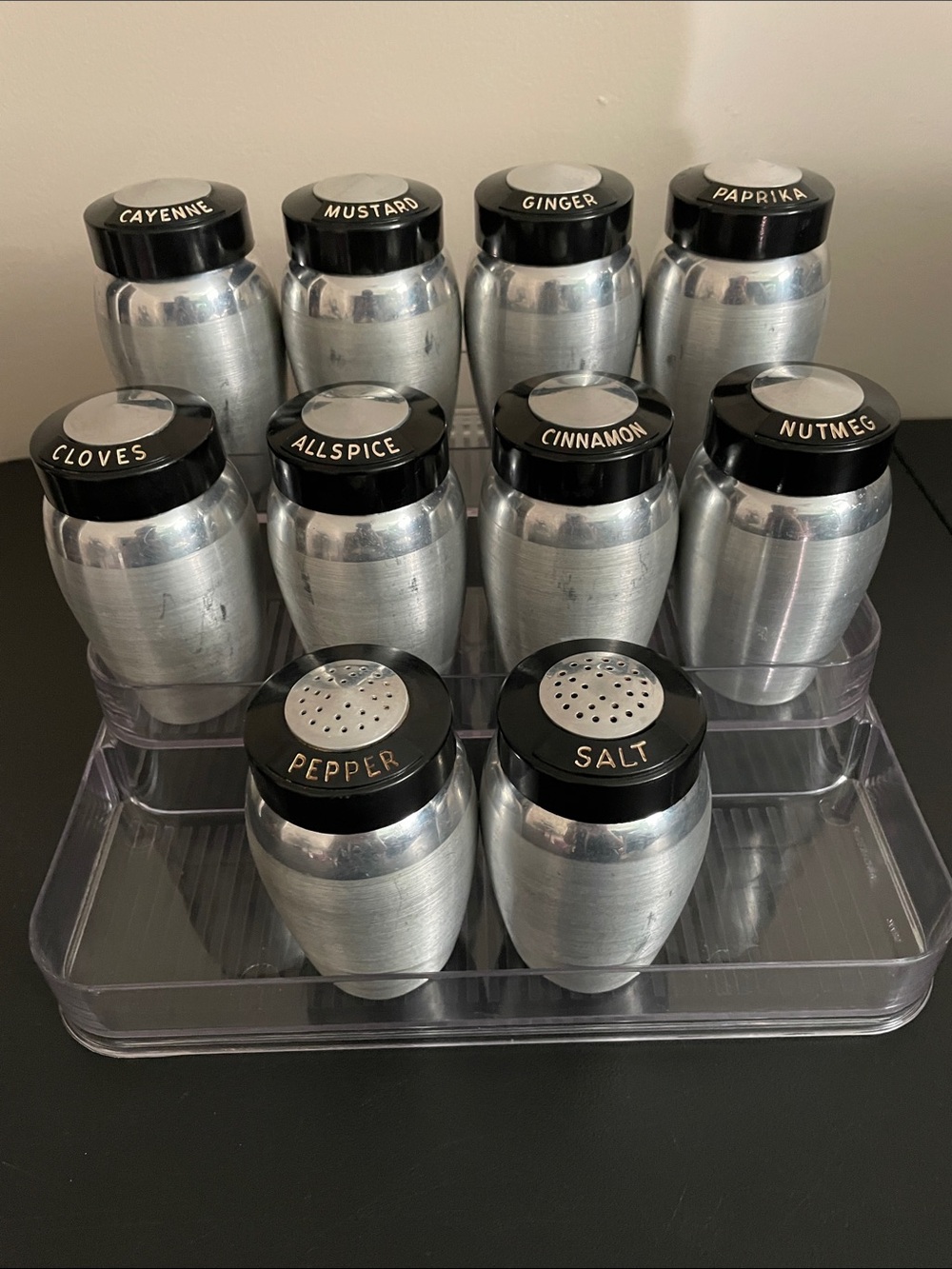 MCM 1950’s Kromex Brushed Aluminum Spice Jar Set with Black Lids - 10 Pieces